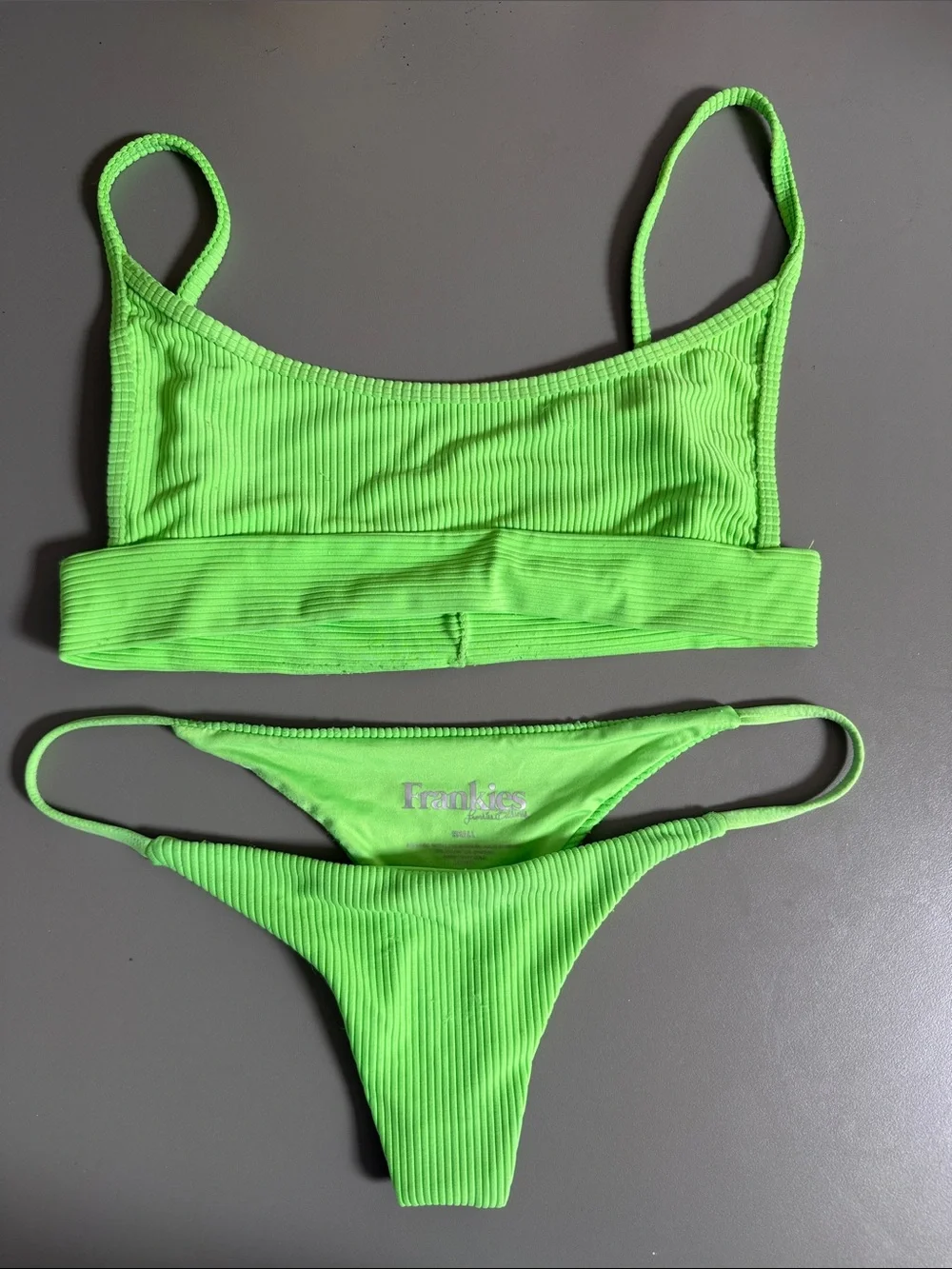 Frankie's Bikinis Neon Lime Ribbed Scoop Bikini Set